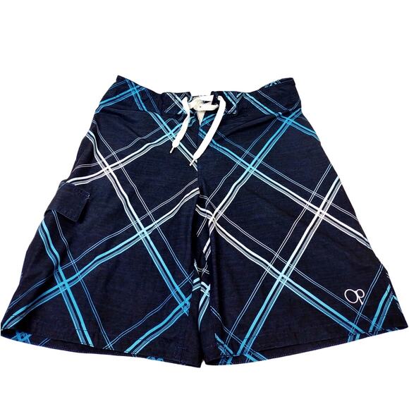 VTG Ocean Pacific OP Board Shorts Men's Size M Navy Plaid Pockets Swim Trunks - Picture 5 of 7